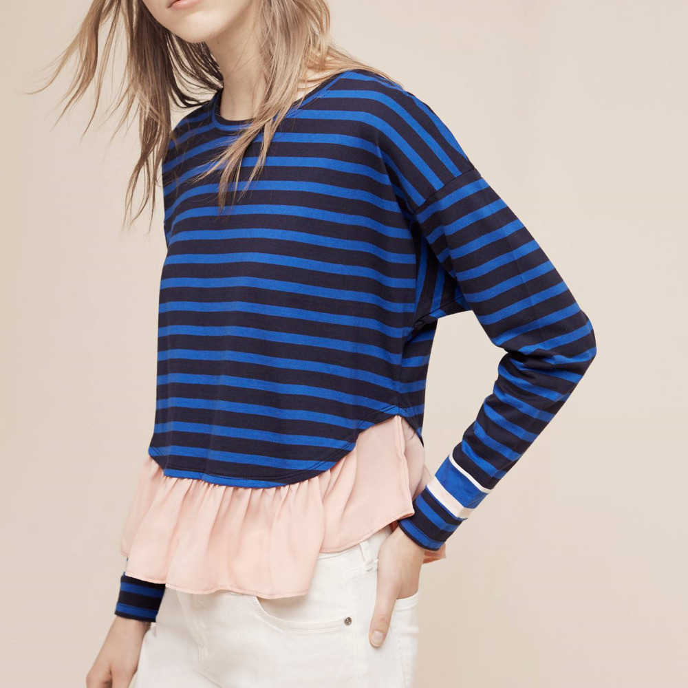 NWT Anthro Deletta Ruffled Rugby Pullover Pink/Blue Striped XS